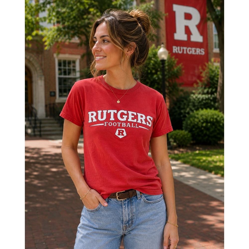 Vintage Rutgers Football T Shirt Womens Small Red Fruit of the Loom College Tee